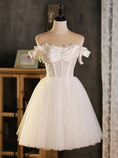 Vintage White Lace Off-the-shoulder Design A-line Tulle Party Dress Homecoming Dress TP4069