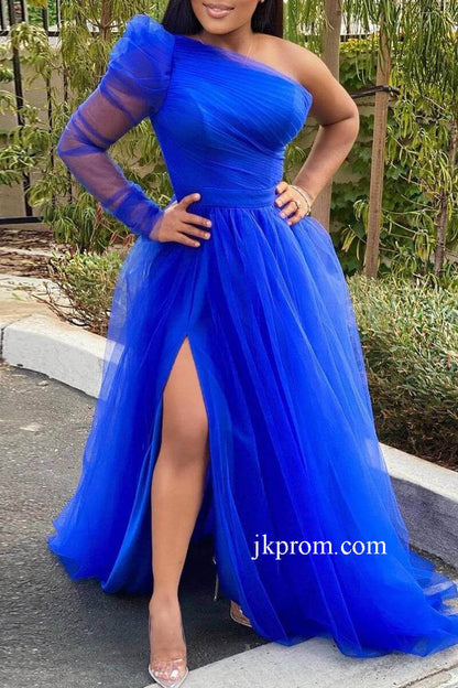 Vestidos de dama de honor de corte A con mangas largas, tul azul real para mujer, vestido de fiesta para invitada de boda con abertura alta