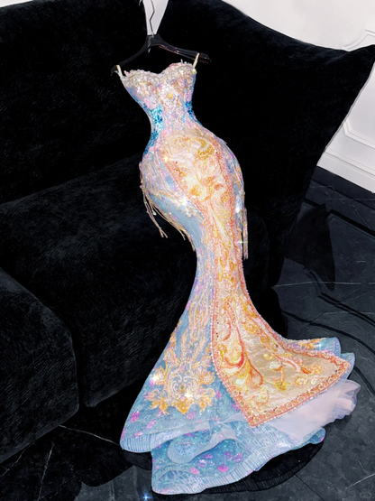 Vestido de noche elegante de corte sirena con escote corazón, bordado de lentejuelas y cuentas, TP4210