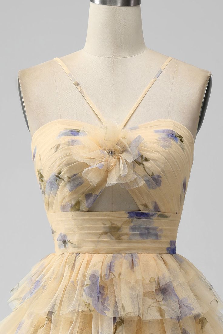 Vintage Yellow Floral Design A-line Spaghetti Strap Tiered Homecoming Dress TP3406
