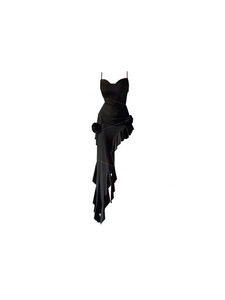 Simple Sheath Spaghetti Straps Black Satin Vacation Beach Dress Long Birthday Dresses SD006