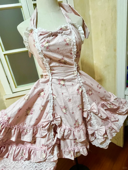 Vintage Pink Floral Halter Dress Design A-Line Elegant Tiered Homecoming Dress Birthday Dress Party Dress TP4171
