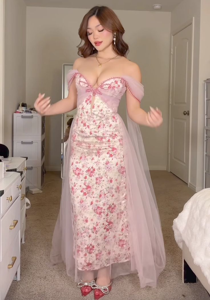 Pink Flowy Print Floral A Line Off the Shoulder Satin Tulle Party Dress Prom Dress SH3599