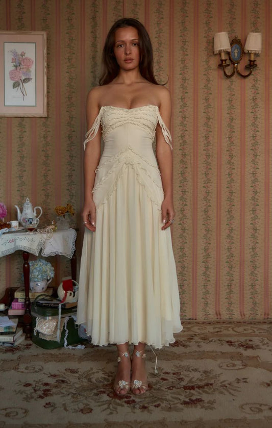 Cute A Line Off the Shoulder Ivory Chiffon Ruffle Prom Dress Graduation Prom Dress SH2583