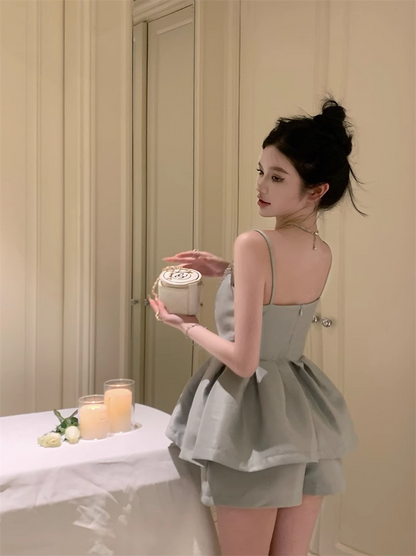 Cute Fashion Gray Spaghetti Strap Design A-line Satin Party Dress Homecoming Dress TP3817