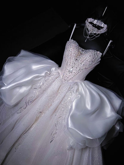Elegant Exquisite Ball Gown Strapless Beaded Sequin Tulle Satin Prom Dress Wedding Dress SH3638