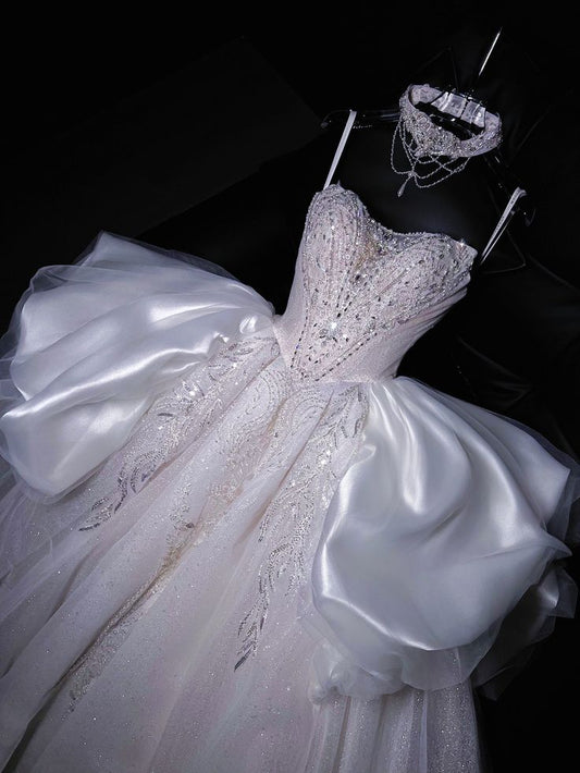 Elegant Exquisite Ball Gown Strapless Beaded Sequin Tulle Satin Prom Dress Wedding Dress SH3638