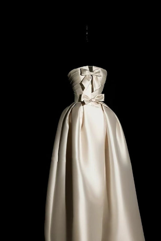shopuniqlos-Ivory white bow satin long wedding dress prom dress gh5389