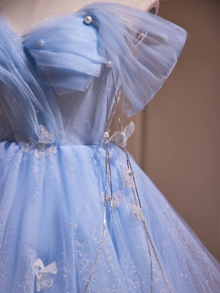 New Fashion Light Blue Pearl Design A-line Off-the-shoulder Puffy Homecoming Dress TP3413