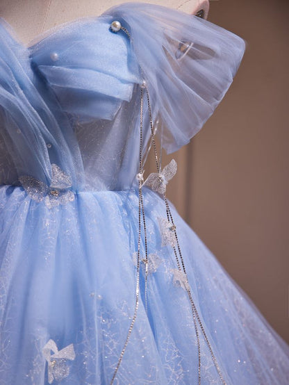New Fashion Light Blue Pearl Design A-line Off-the-shoulder Puffy Homecoming Dress TP3413