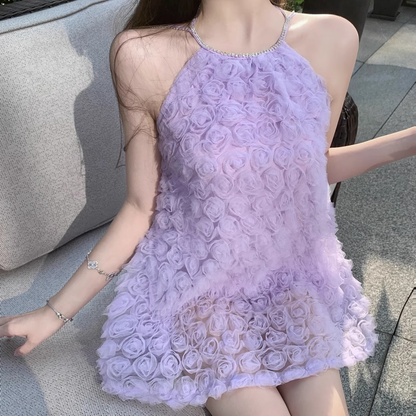 Fashion Purple 3D Flowers Tulle Design A-line Halter Homecoming Dress TP3707