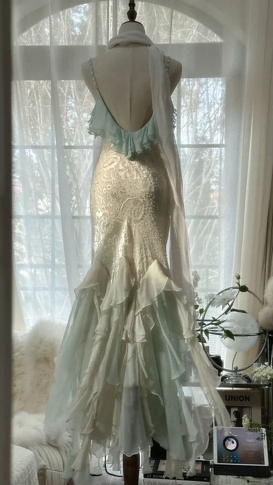 Green white gorgeous beautiful charming spaghetti straps beaded ruffles mermaid long slim lace tulle ball gown fashion evening dress party dress prom dress gh3617a
