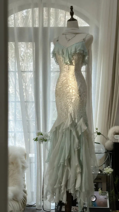 Green white gorgeous beautiful charming spaghetti straps beaded ruffles mermaid long slim lace tulle ball gown fashion evening dress party dress prom dress gh3617a