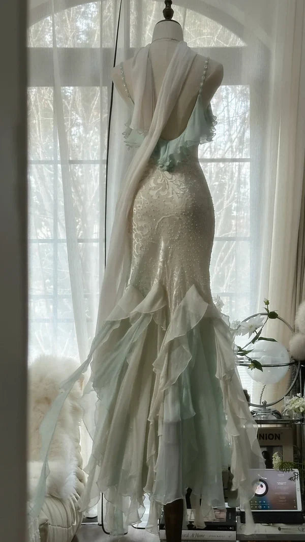 Green white gorgeous beautiful charming spaghetti straps beaded ruffles mermaid long slim lace tulle ball gown fashion evening dress party dress prom dress gh3617a