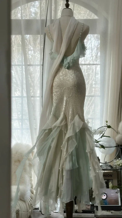 Green white gorgeous beautiful charming spaghetti straps beaded ruffles mermaid long slim lace tulle ball gown fashion evening dress party dress prom dress gh3617a