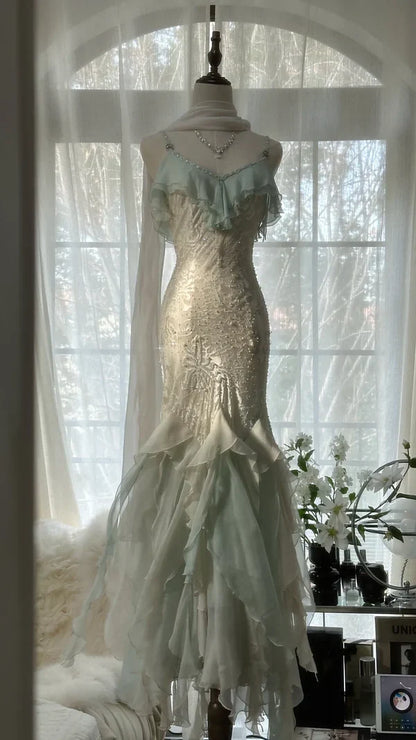 Green white gorgeous beautiful charming spaghetti straps beaded ruffles mermaid long slim lace tulle ball gown fashion evening dress party dress prom dress gh3617a