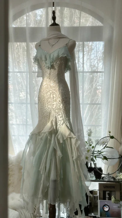 Green white gorgeous beautiful charming spaghetti straps beaded ruffles mermaid long slim lace tulle ball gown fashion evening dress party dress prom dress gh3617a