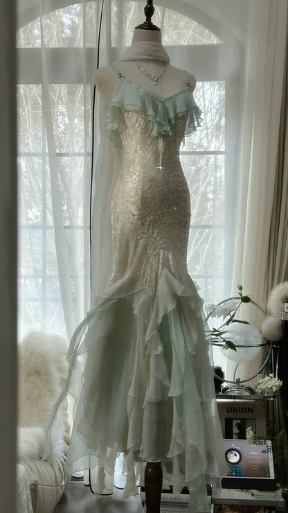 Green white gorgeous beautiful charming spaghetti straps beaded ruffles mermaid long slim lace tulle ball gown fashion evening dress party dress prom dress gh3617a