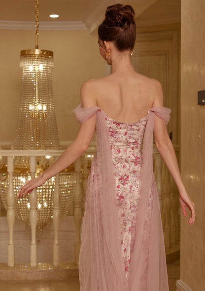 Pink Flowy Print Floral A Line Off the Shoulder Satin Tulle Party Dress Prom Dress SH3599