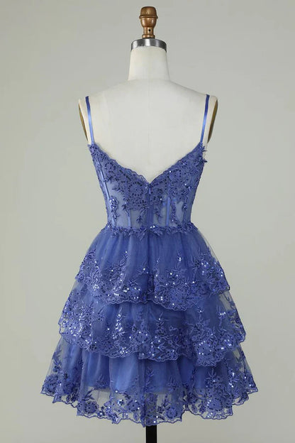 Gorgeous Navy Blue Sequined Corset Design A-line Spaghetti Strap Homecoming Dress TP3594