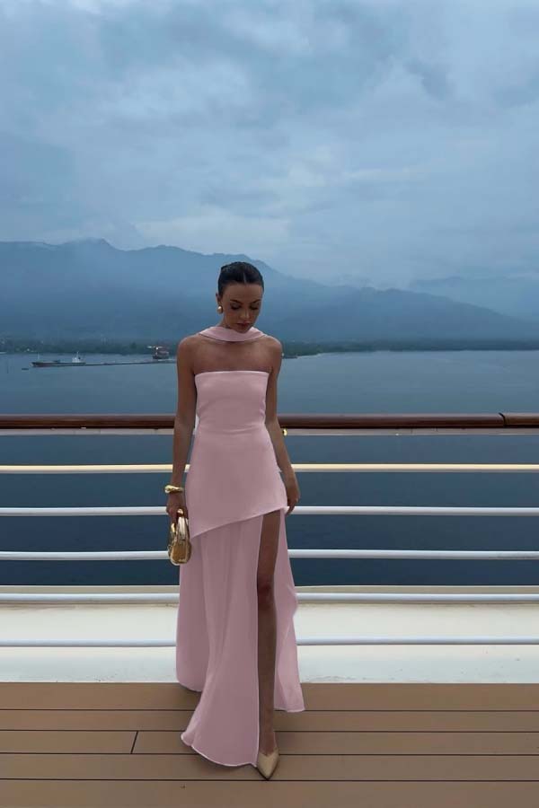 White Strapless Satin Chiffon Split Holiday Summer Prom Dress