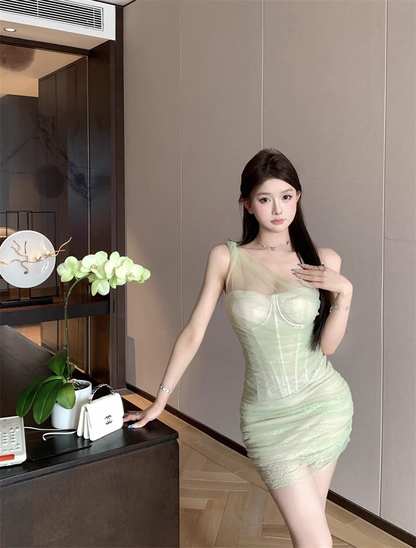 New Style Light Green Tulle Design A-line One-shoulder Homecoming Dress TP3701