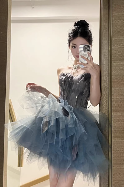 Fashion Blue Sequin Tulle Design A-line Sweetheart Strapless Homecoming Dress TP3682