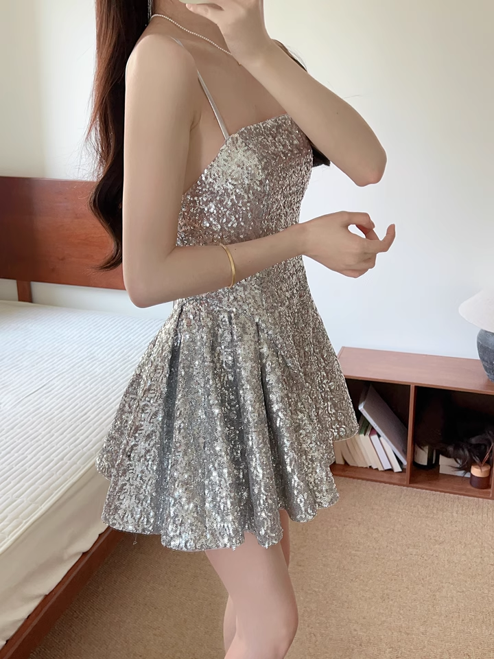 Fashion Silvery Spaghetti Strap A-line Sequin Party Dresses Homecoming Dresses, TP3788