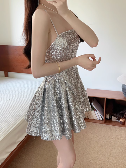 Fashion Silvery Spaghetti Strap A-line Sequin Party Dresses Homecoming Dresses, TP3788
