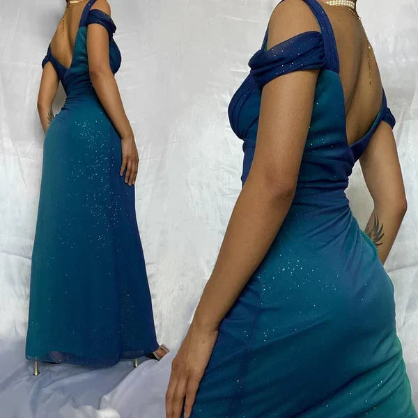 Vestido de noche largo vintage de gasa con degradado azul verdoso brillante y diseño único con tirantes, TP2505