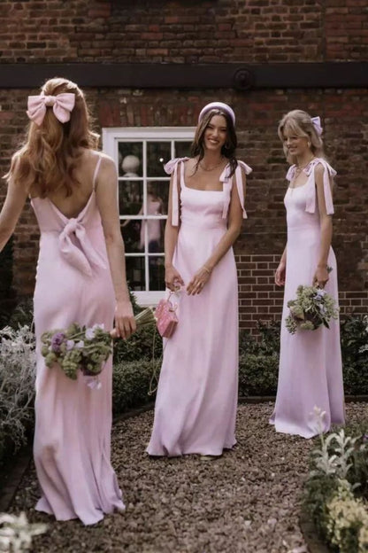 Gentle A Line Straps Pink Satin Long Bridesmaid Dress Evening Dress with Bow SH3273
