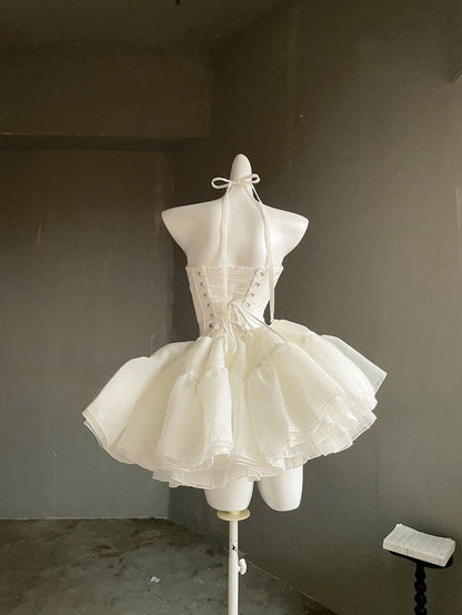 New Fashion Bow Design Sleeveless Strapless Mini Party Dress Cream White Homecoming Dress TP3392
