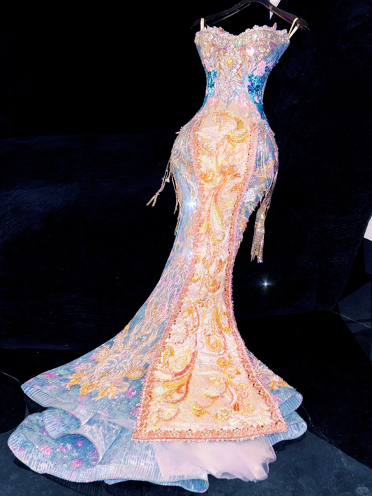 Vestido de noche elegante de corte sirena con escote corazón, bordado de lentejuelas y cuentas, TP4210