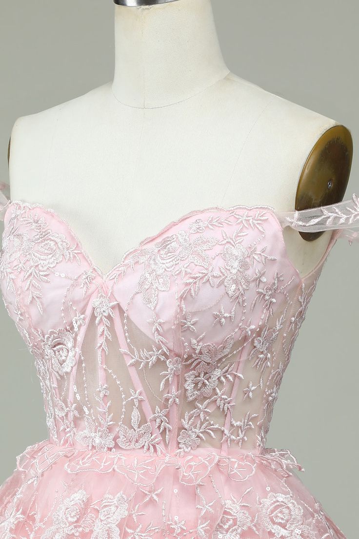 Vintage Pink Floral Embroidery Design A-line Off-the-shoulder Tiered Homecoming Dress TP3418