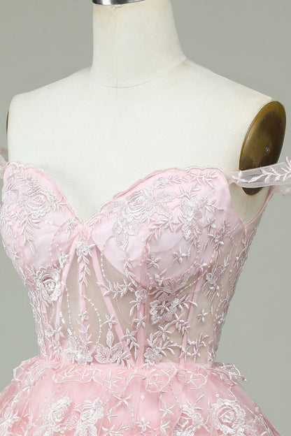 Vintage Pink Floral Embroidery Design A-line Off-the-shoulder Tiered Homecoming Dress TP3418