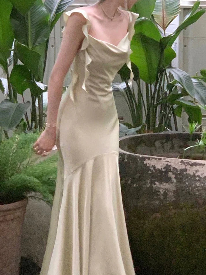 Vestido de fiesta vintage verde salvia con volantes, corte sirena, de satén, largo, para graduación, noche, TP4495