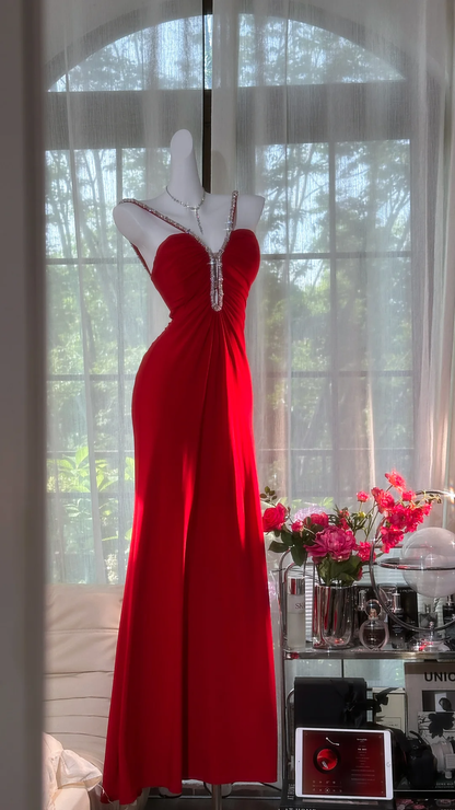 Vestido de noche romántico con escote corazón, estilo retro burdeos, con lentejuelas brillantes y tirantes finos, TP3960