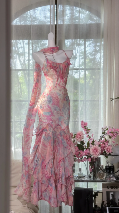 Elegant Fairy Mermaid Long Chiffon Spaghetti Strap Ball Gown Evening Dress Prom Dresses TP3966