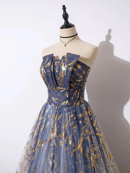 Vestido de fiesta de tul con corte A, sin tirantes y lentejuelas azules retro, vestido de regreso a casa TP4073