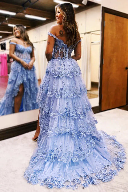 Hermoso vestido de fiesta largo con hombros descubiertos, apliques de tul negro y volantes, vestido de graduación DP517