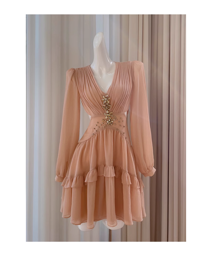 Retro Beading Design A-line Chiffon Long- sleeved V-neck Party Dresses Homecoming Dresses, TP3807