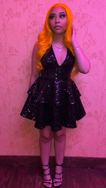 Vestidos de fiesta con lentejuelas negras y escote en V, vestido Hoco escalonado