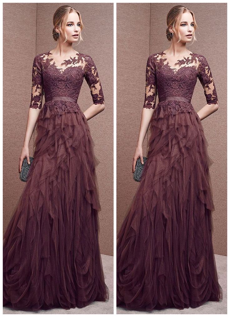 Gray purple elegant long sleeve lace long tulle ball gown evening dress 7648