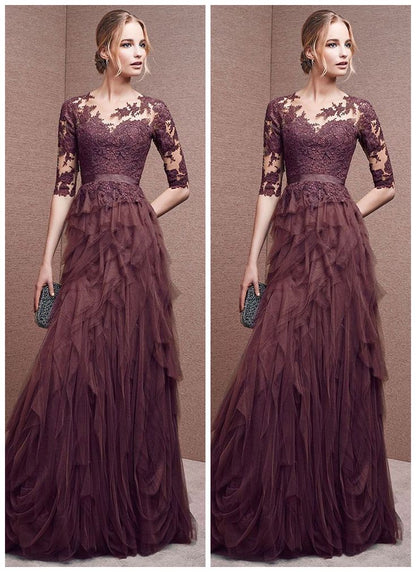 Gray purple elegant long sleeve lace long tulle ball gown evening dress 7648