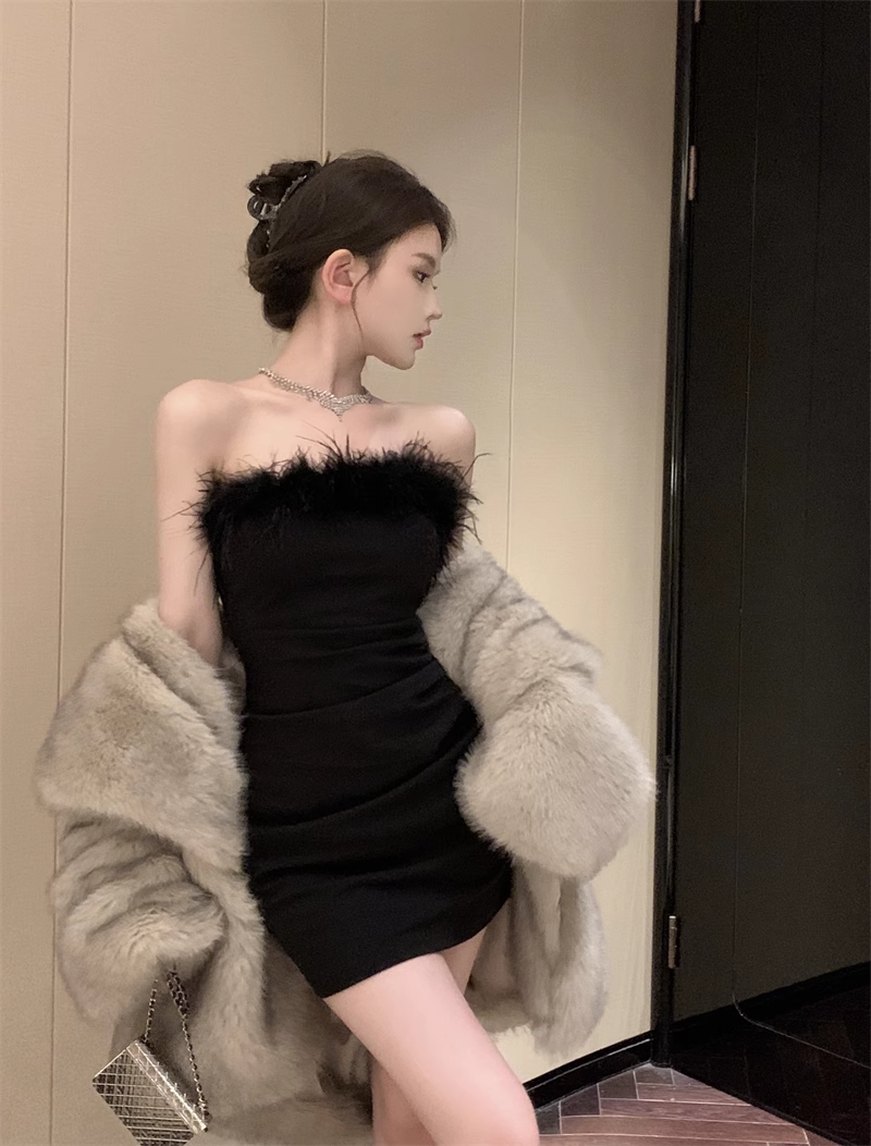 Vestido de fiesta negro, sencillo, ajustado, corte A, sin tirantes, TP3718