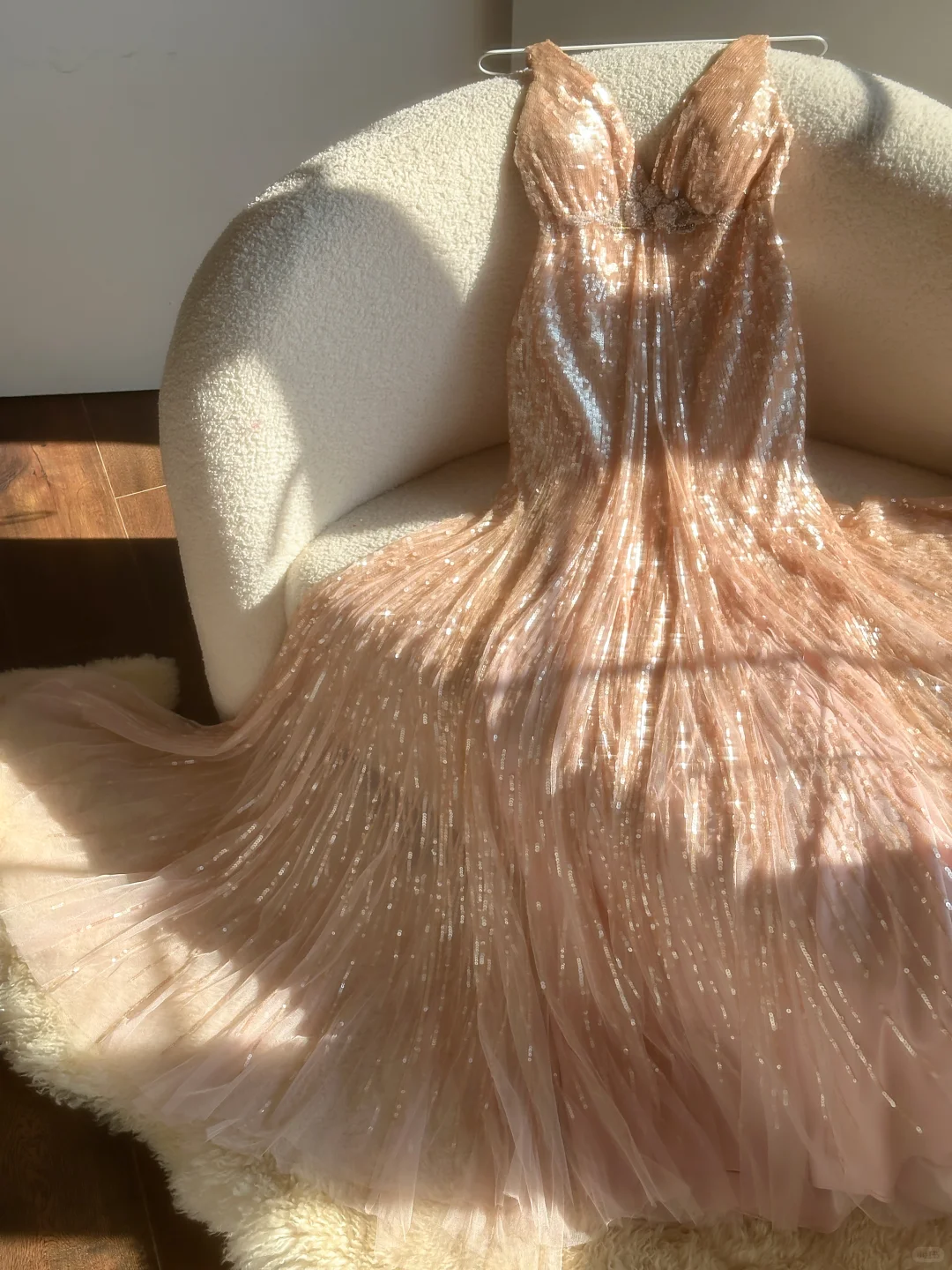 Vintage Champagne Sparkling Sequin Design Romantic Chiffon Evening Dress Prom Dress TP4015