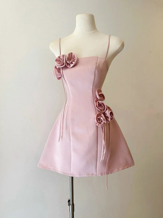 Cute A Line Spaghetti Straps Pink Satin Formal 8th Grade Homecoming Dresses Summer Middle School Hoco Dress Homecoming Outfits DH1002