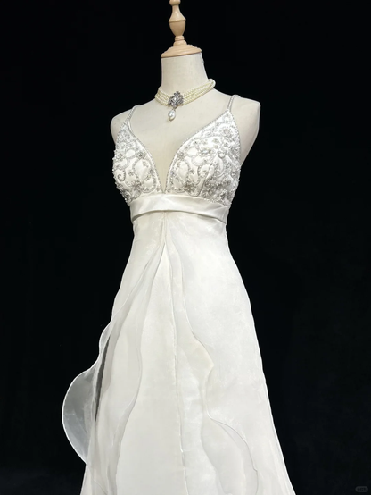 Vestido de novia único, corte A, tirantes finos, largo, blanco, años 70, estilo vintage, DH1145