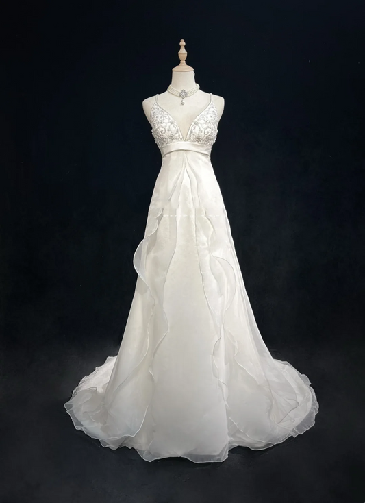 Vestido de novia único, corte A, tirantes finos, largo, blanco, años 70, estilo vintage, DH1145