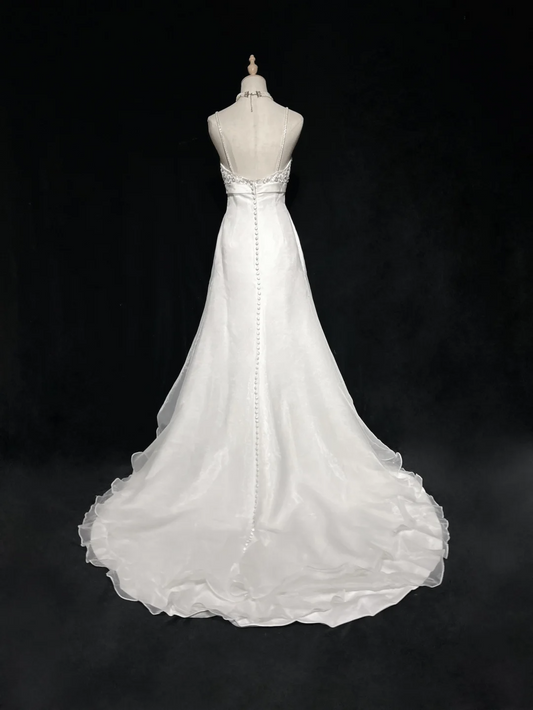 Vestido de novia único, corte A, tirantes finos, largo, blanco, años 70, estilo vintage, DH1145